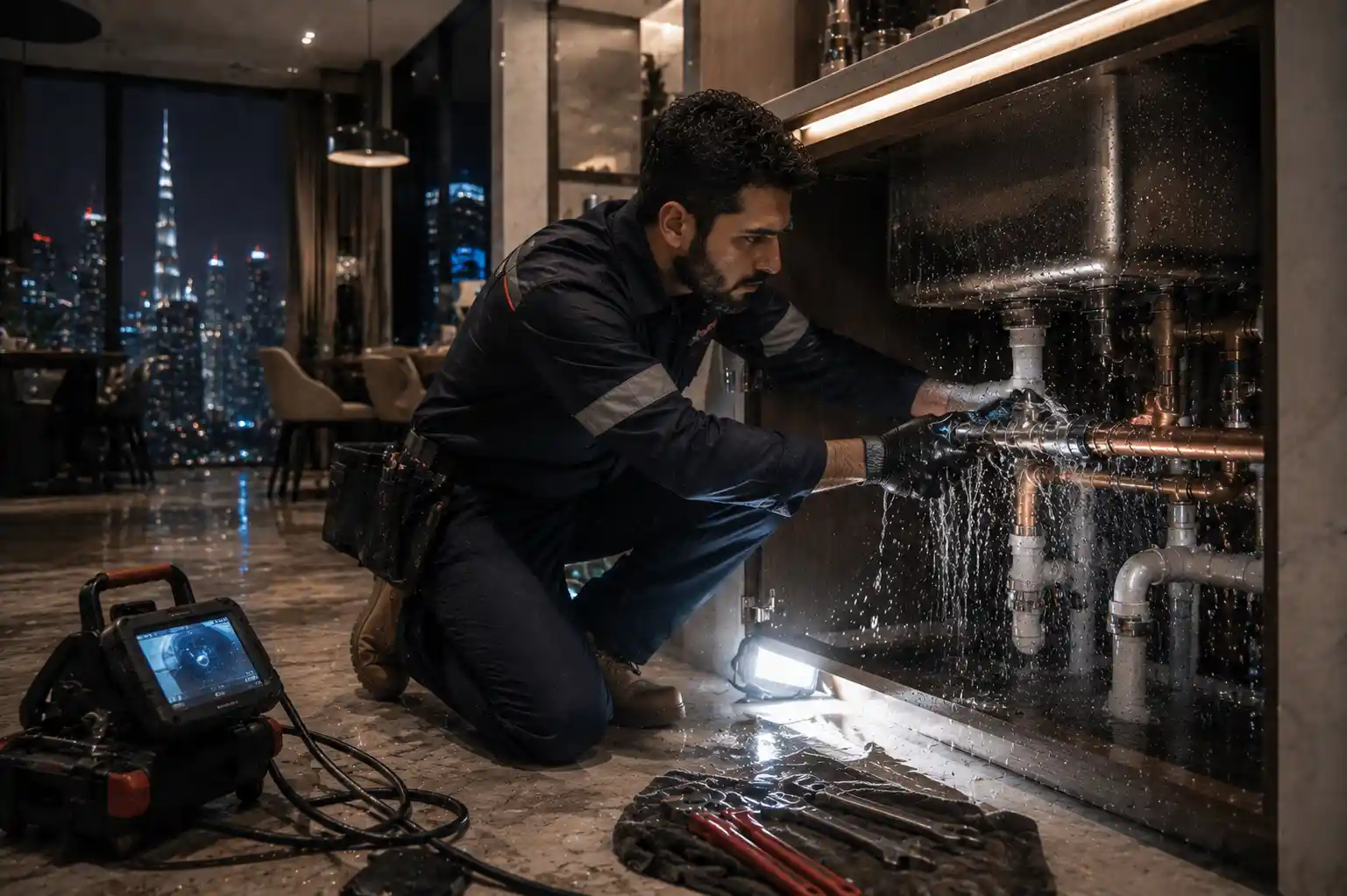 Emergency plumber performing urgent plumbing repair in Dubai apartment