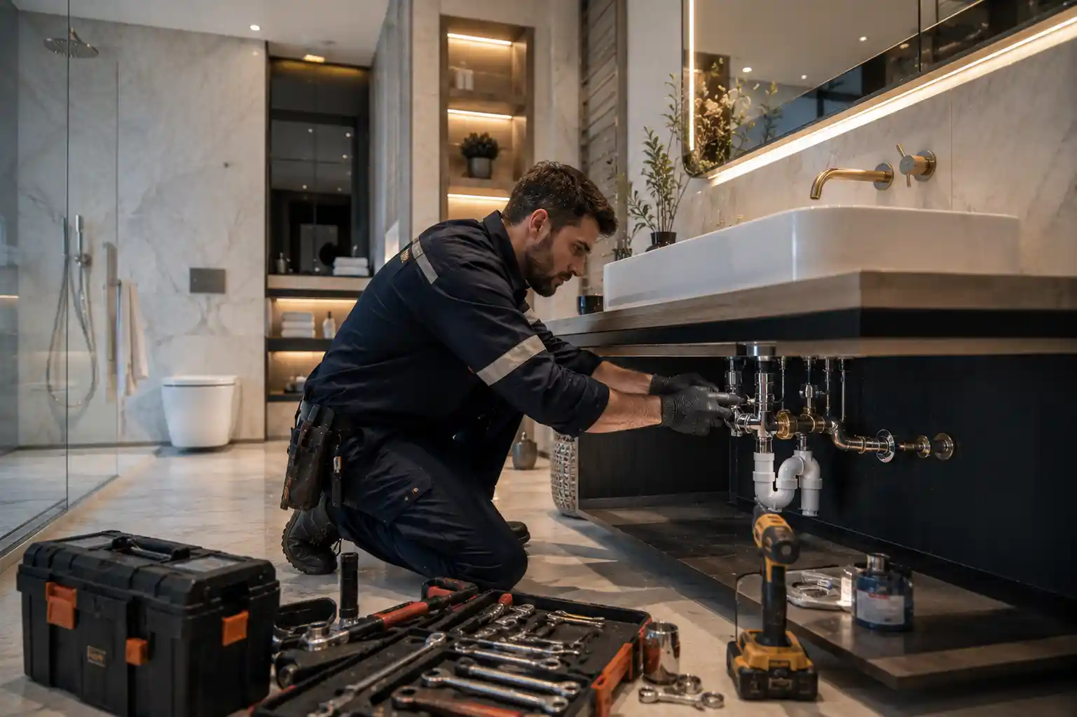 Professional bathroom plumbing fixture installation in Dubai property