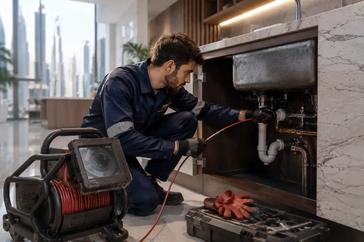 Professional plumber performing drain cleaning services in Dubai property