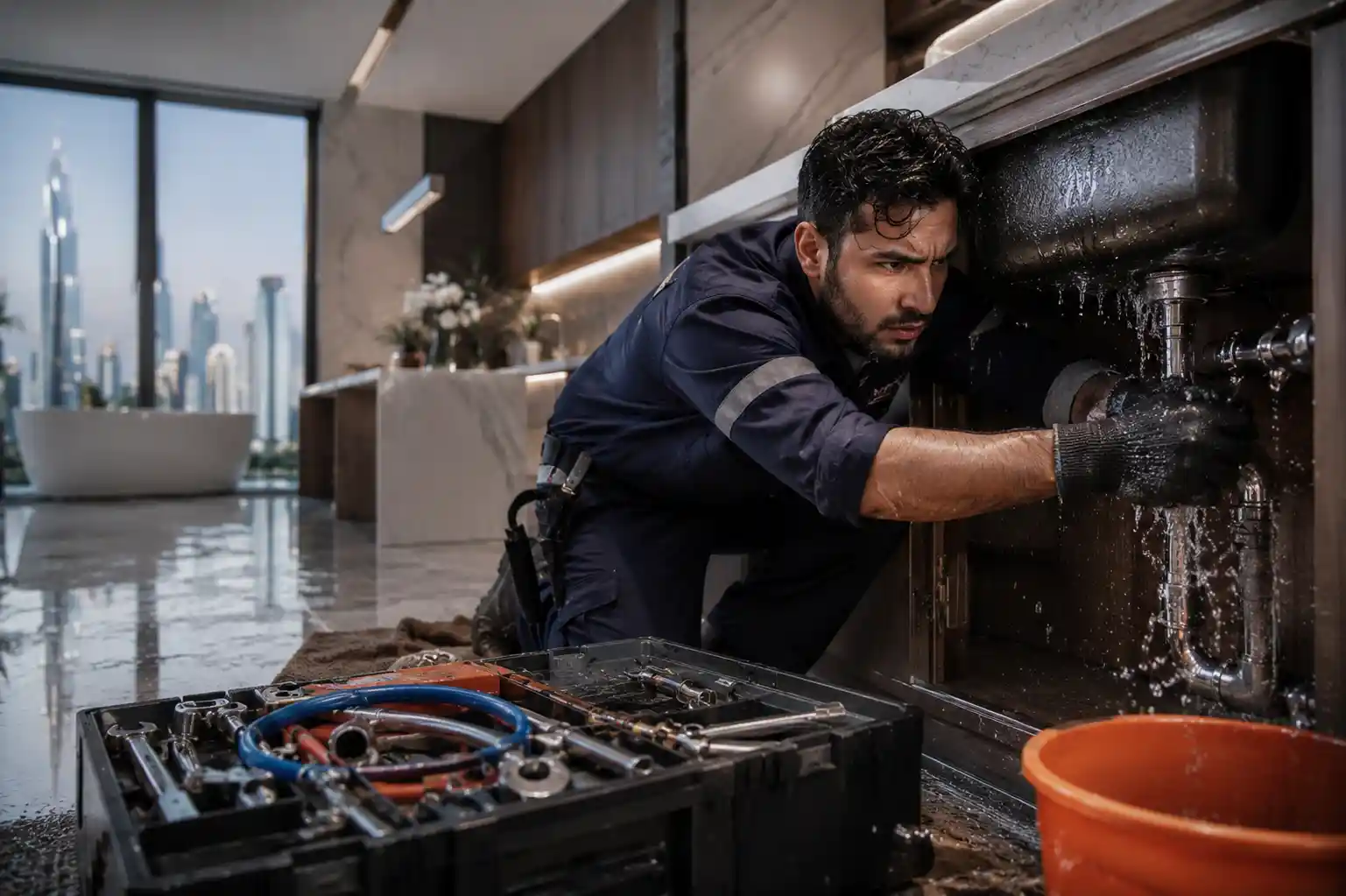 Emergency plumber repairing burst pipe in Dubai apartment