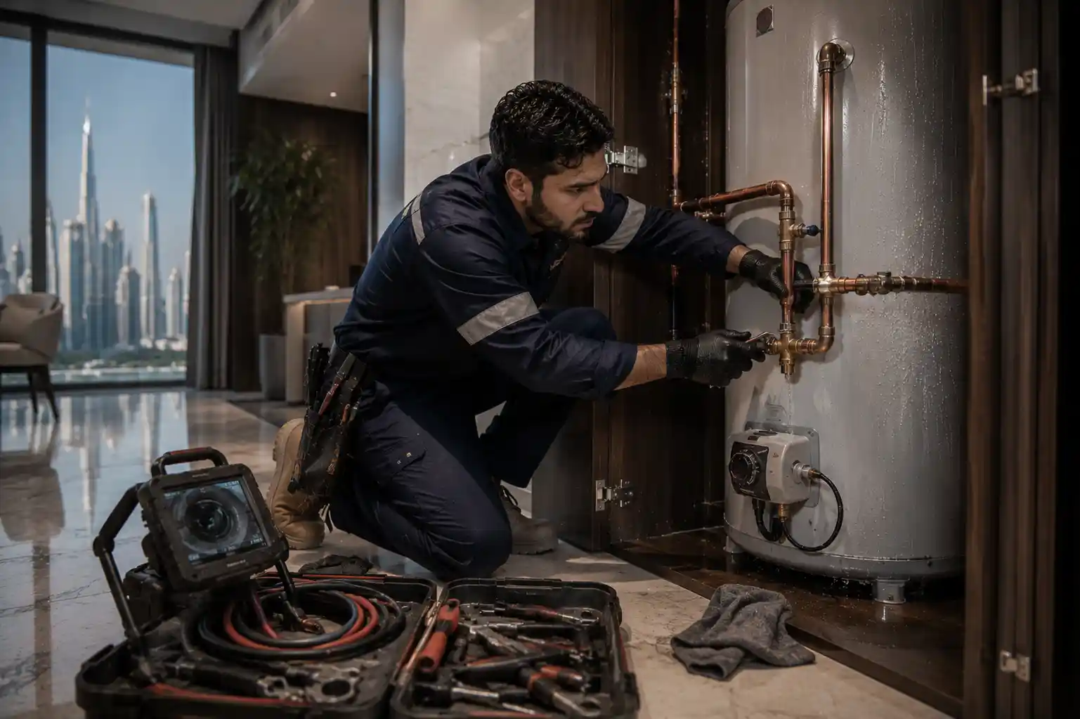 Professional plumber repairing water heater in Dubai apartment