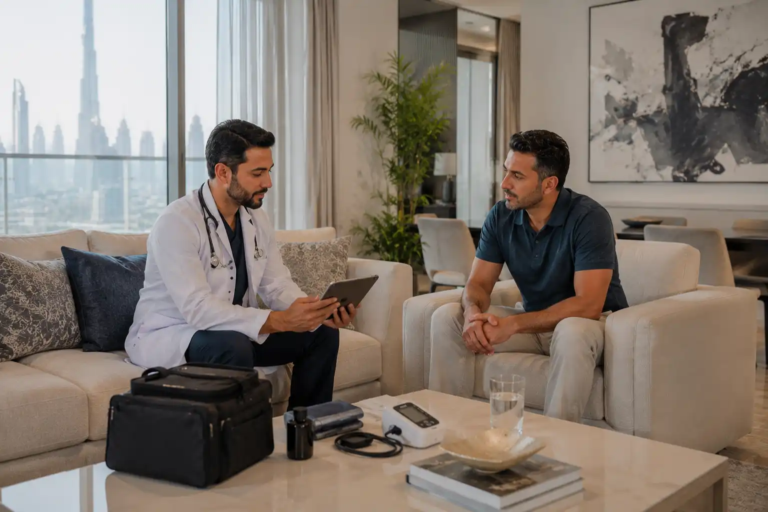 Licensed doctor providing home medical consultation in the UAE