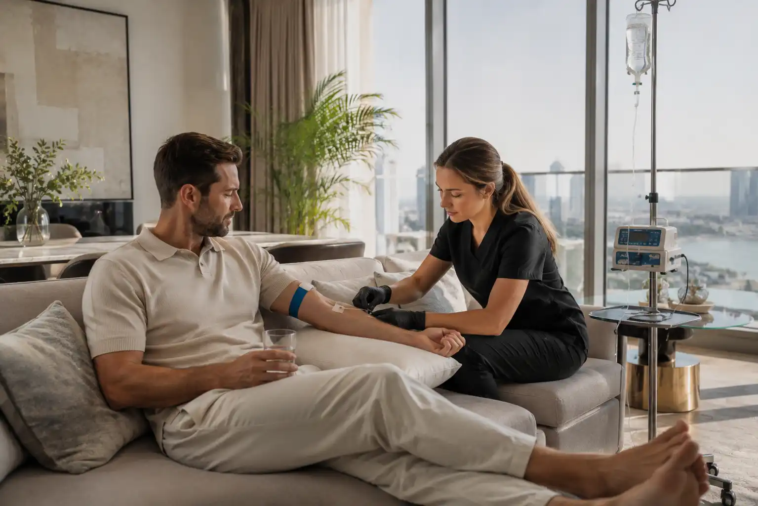 Professional home IV infusion therapy service in a modern UAE home