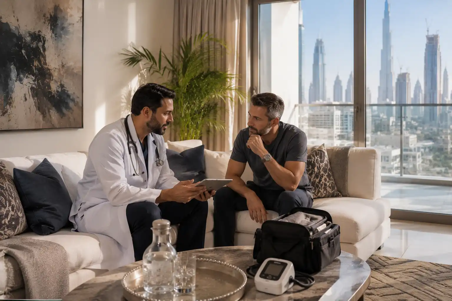 Licensed doctor providing a professional home healthcare visit in the UAE
