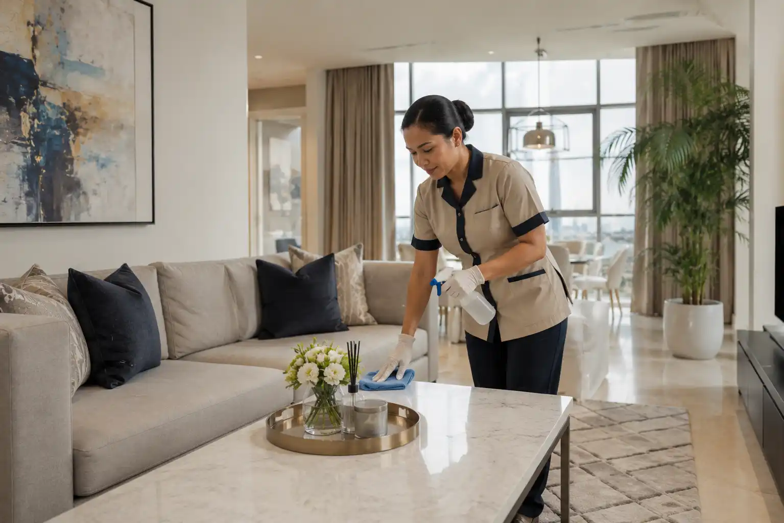 Professional housemaid cleaning a modern apartment in Sharjah UAE