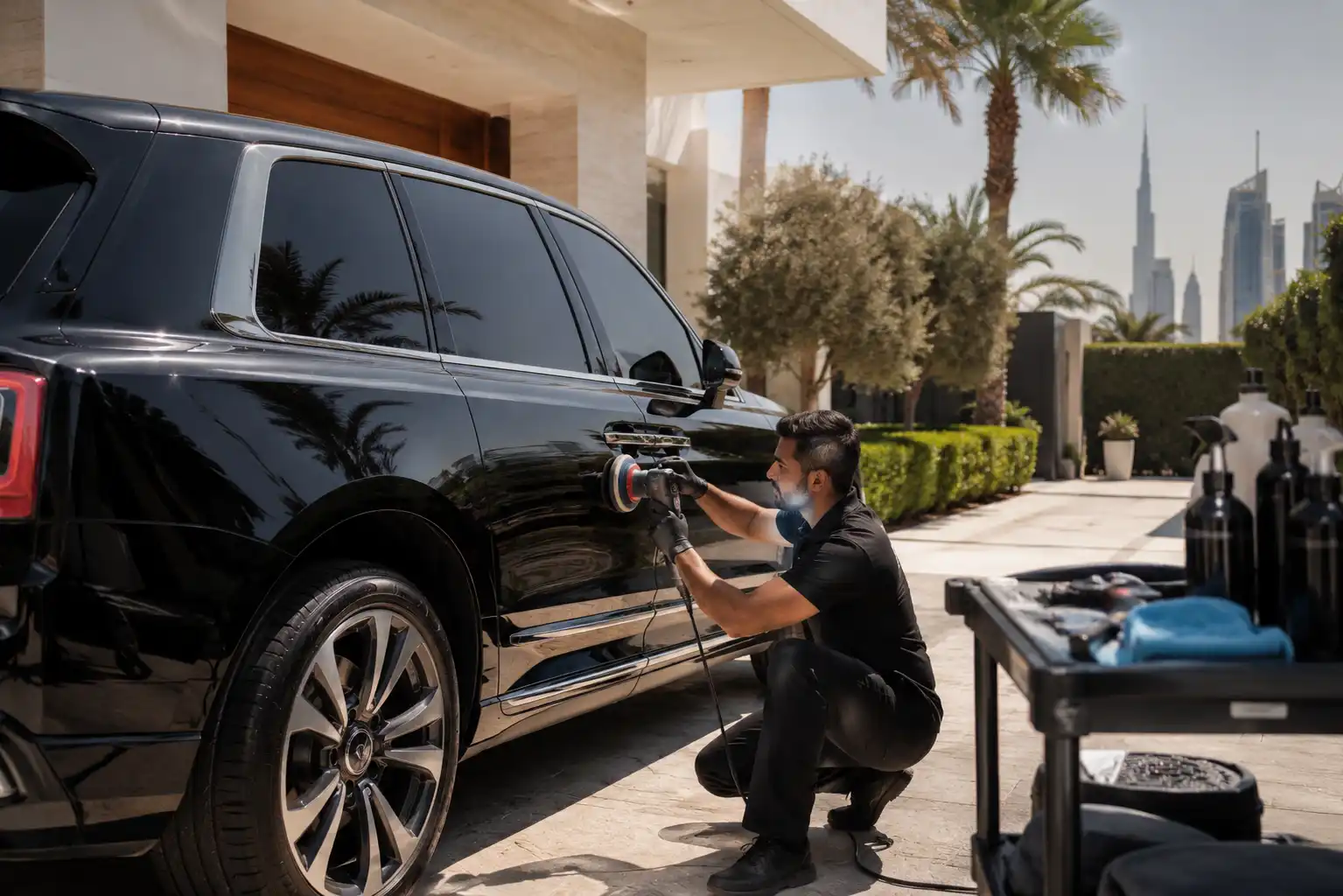 Professional mobile car detailing service cleaning a luxury vehicle in the UAE