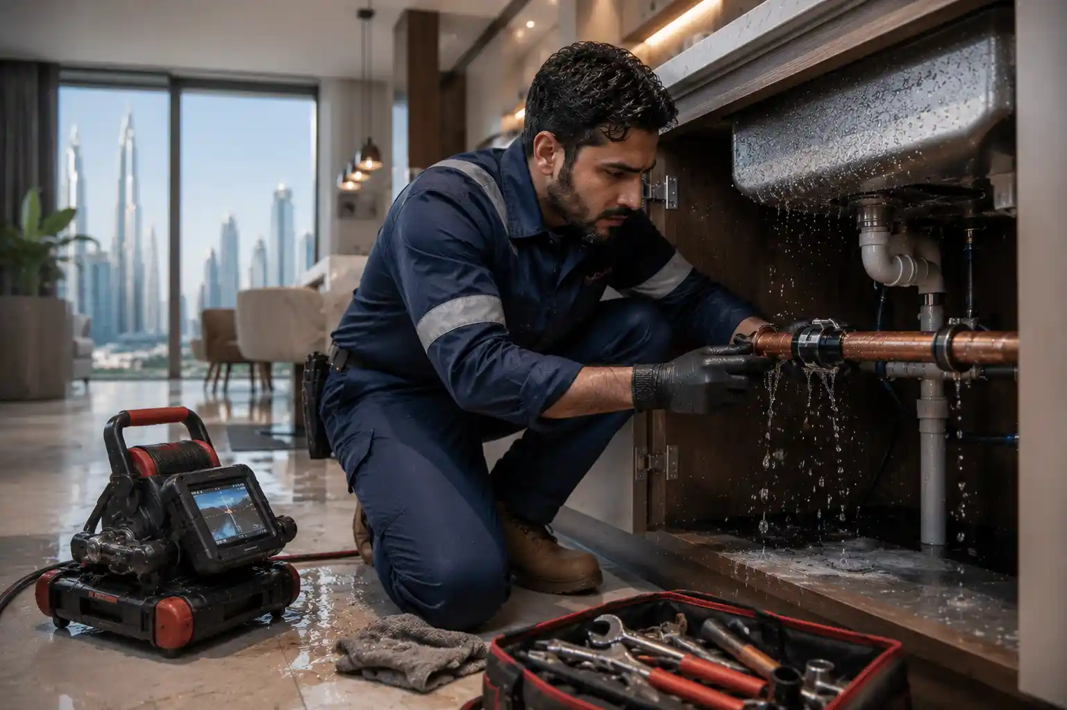 Professional plumber repairing leaking pipe in Dubai property