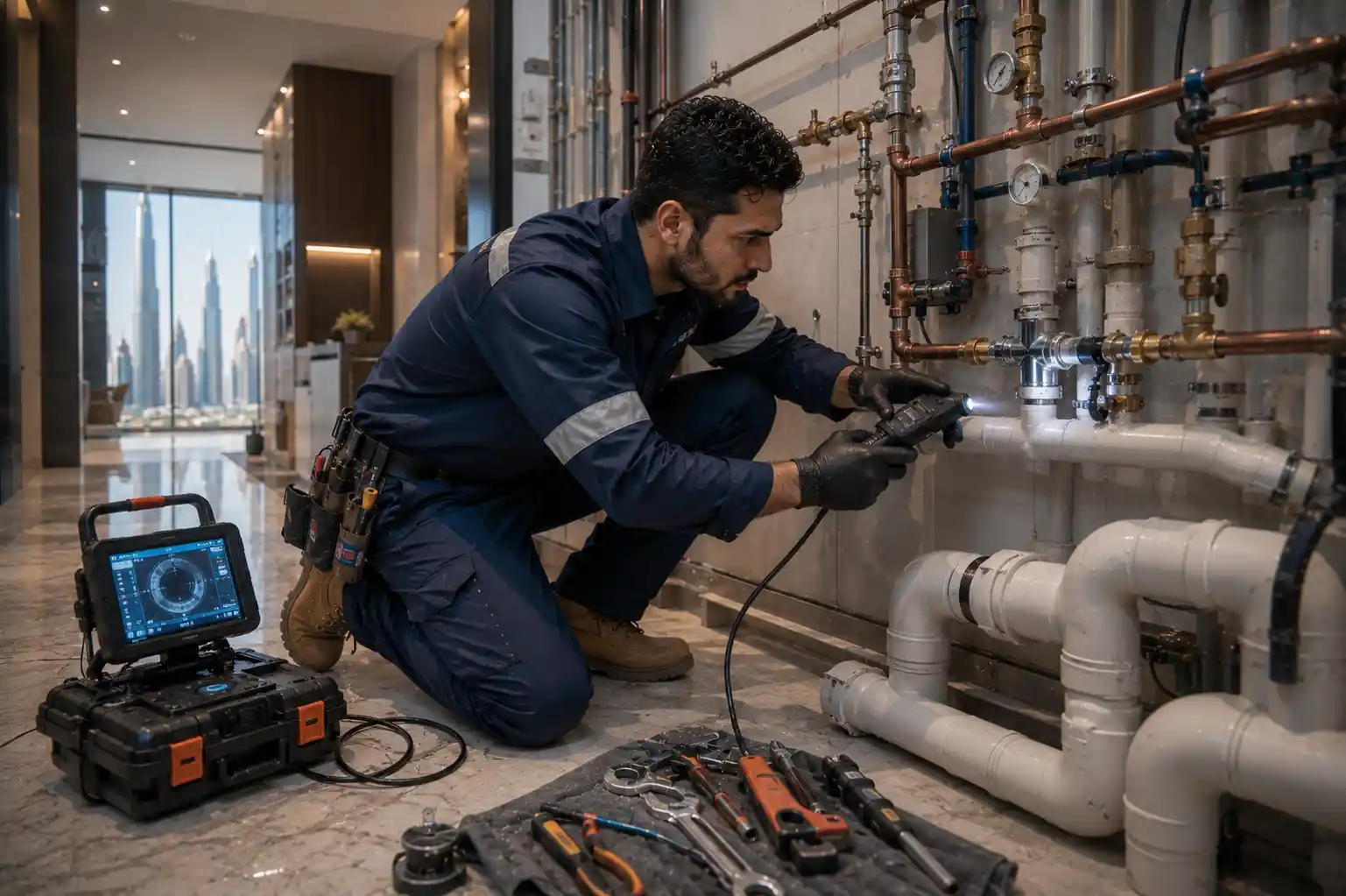 Professional plumbing maintenance inspection in Dubai residential property