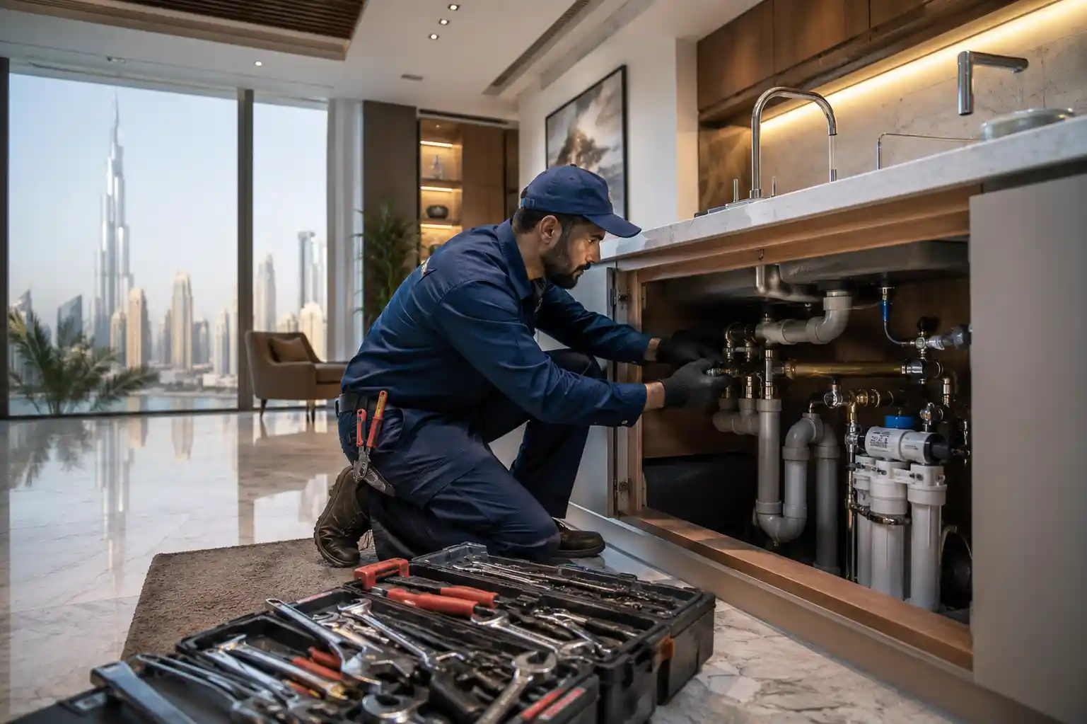 Professional plumber performing plumbing work in Dubai residential property