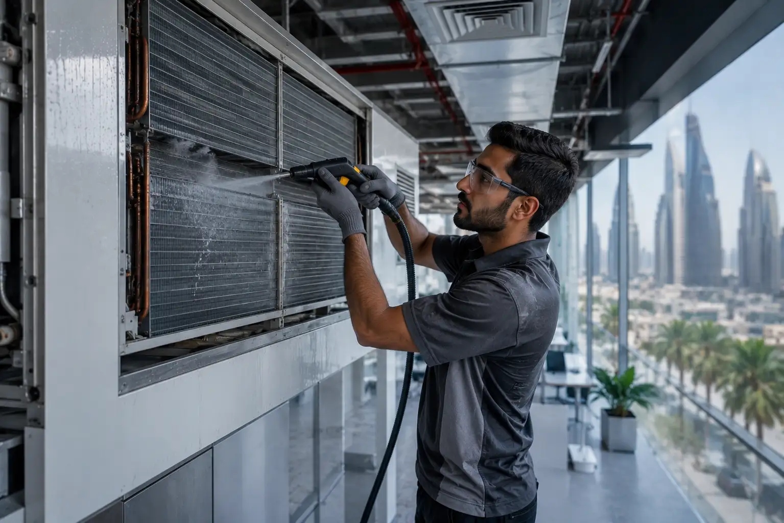 HVAC technician performing professional AC coil cleaning service in Dubai commercial property