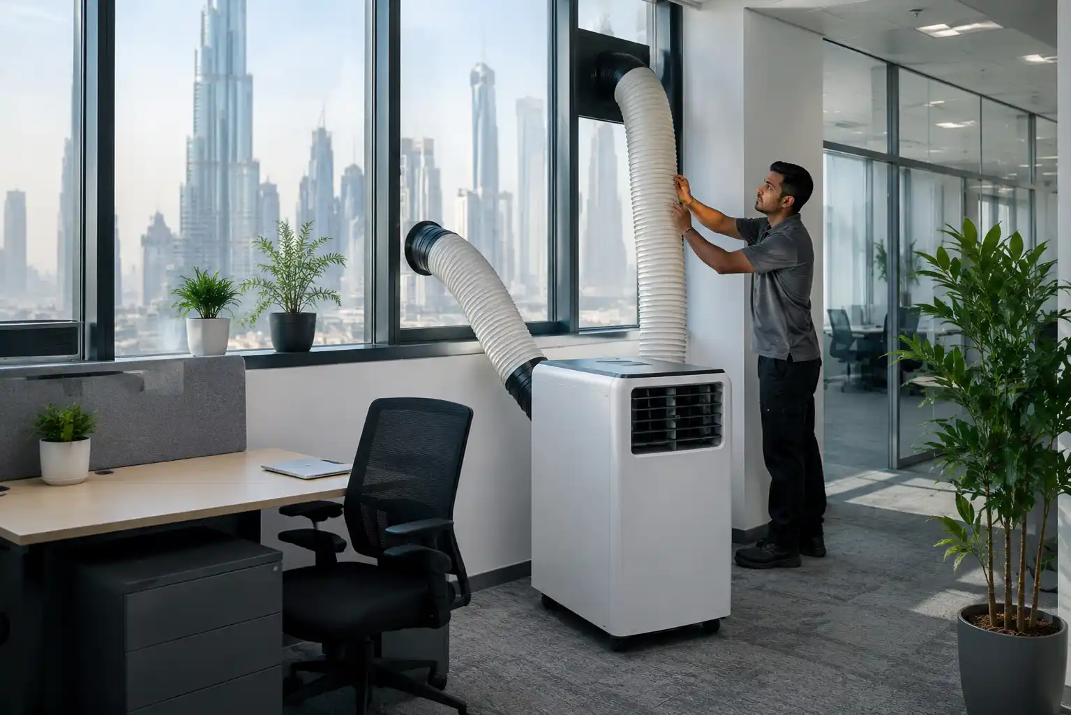 Portable air conditioning rental unit installed inside a UAE commercial office