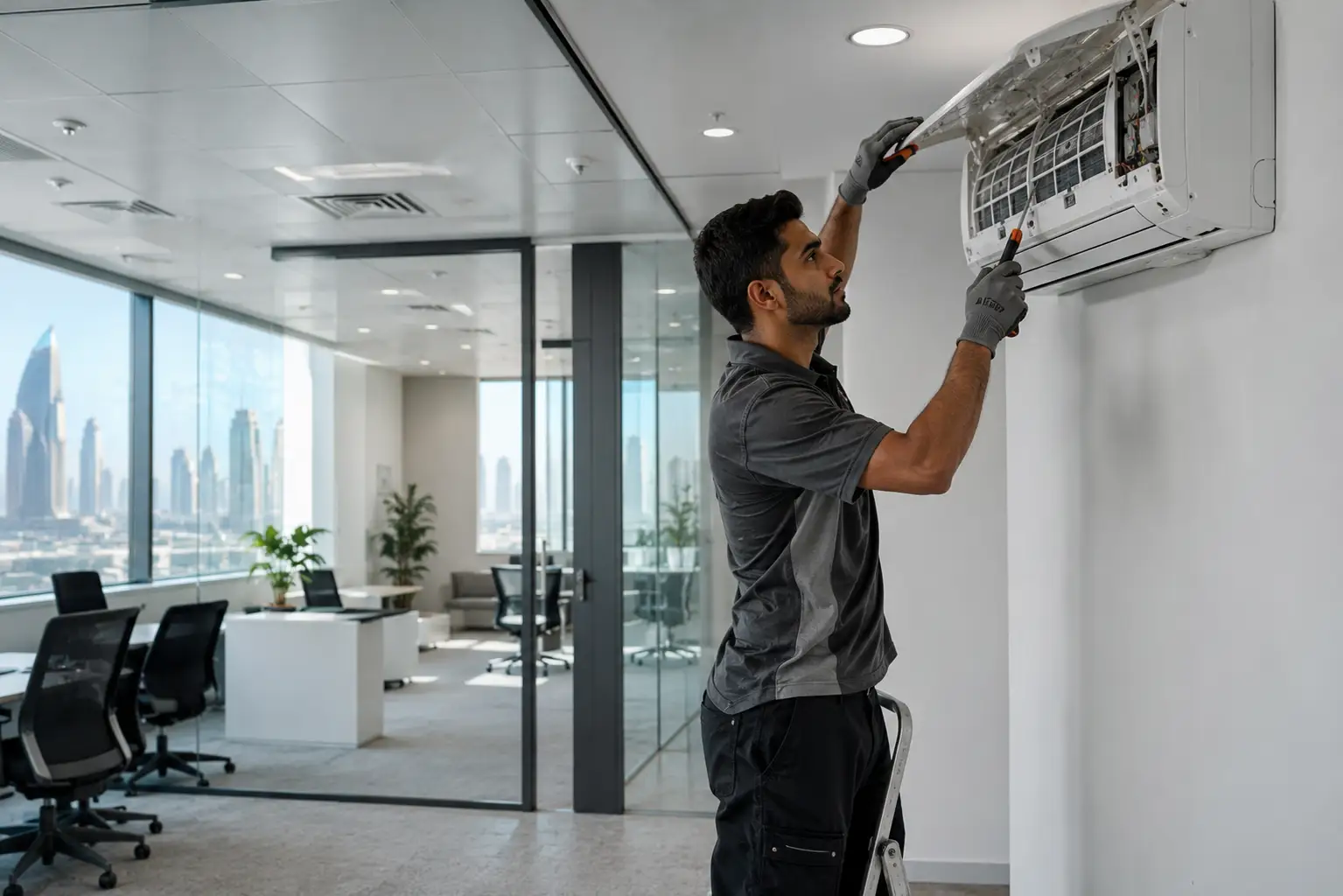 HVAC technician performing professional AC maintenance inside a UAE office
