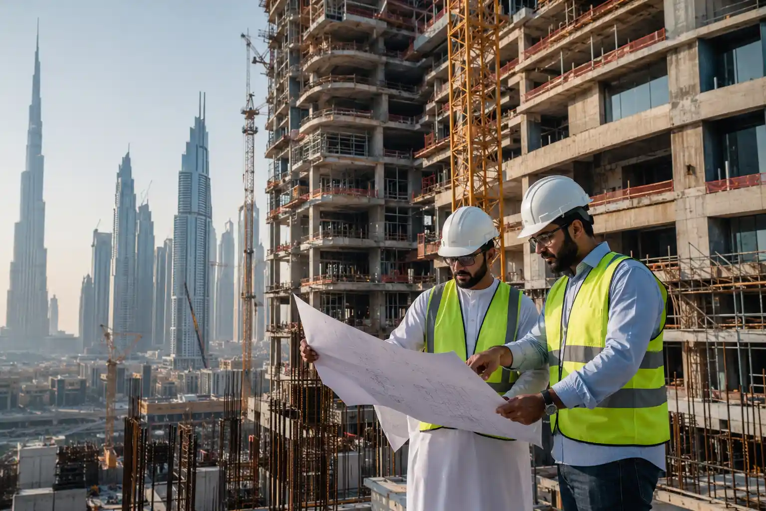 Professional UAE contracting engineers supervising a commercial construction project