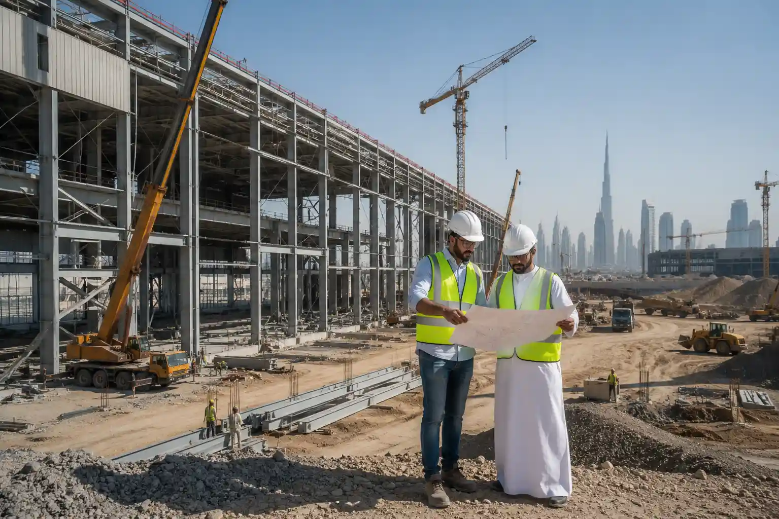 Engineers supervising a large industrial construction project in the UAE