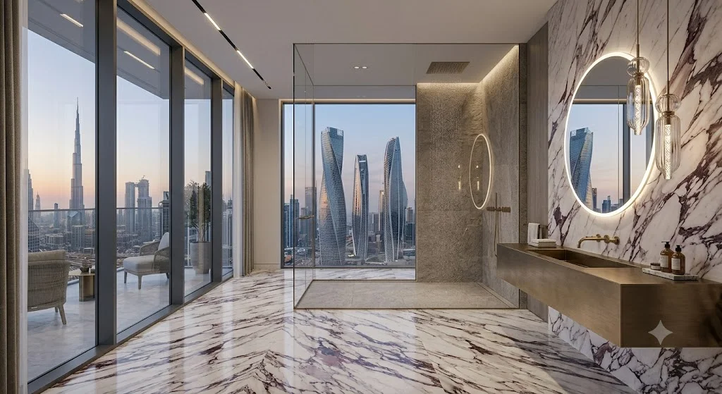 Modern luxury bathroom renovation featuring walk-in shower and contemporary fixtures in Dubai