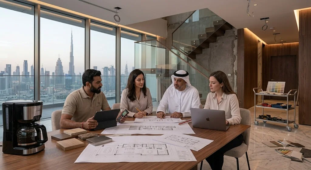 Professional home renovation company team discussing a residential renovation project in Dubai