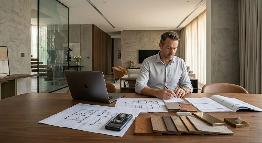 Homeowner calculating renovation costs using renovation plans and budgeting tools in Dubai