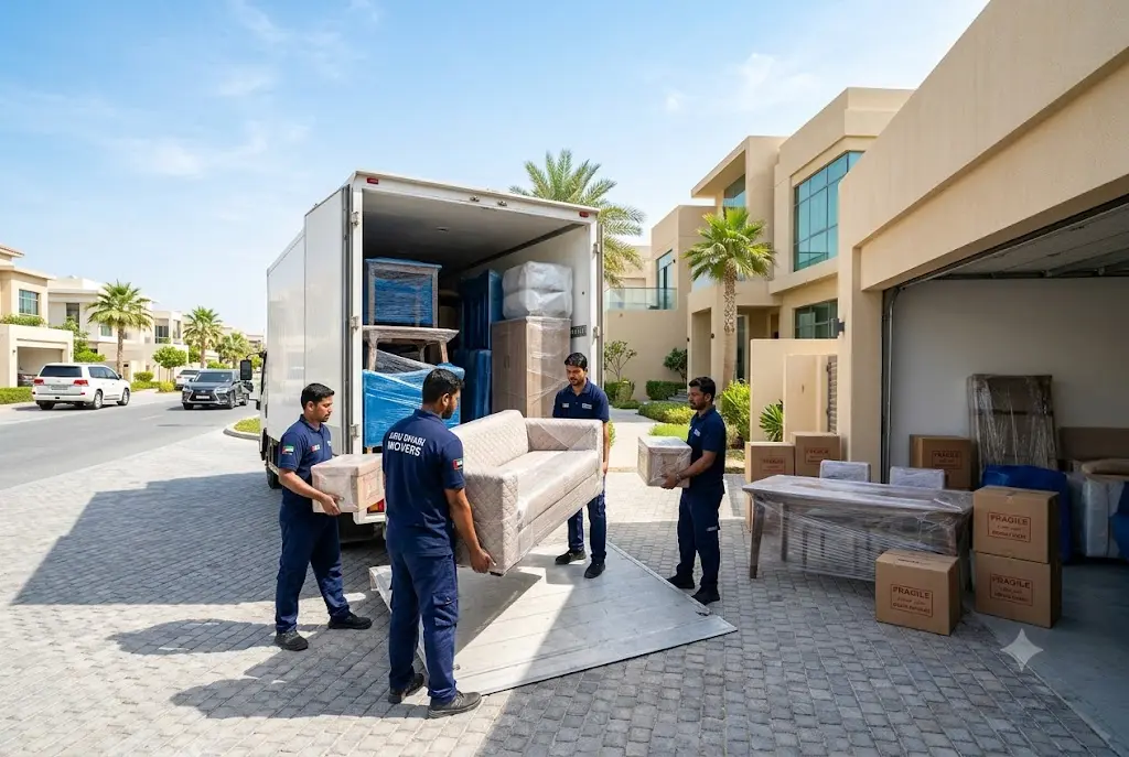 Professional furniture movers transporting household furniture during a home relocation in Abu Dhabi