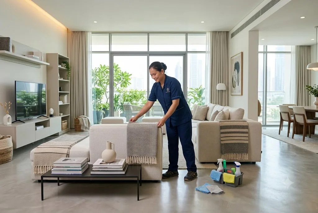 Professional household maid cleaning and organizing a modern UAE residence
