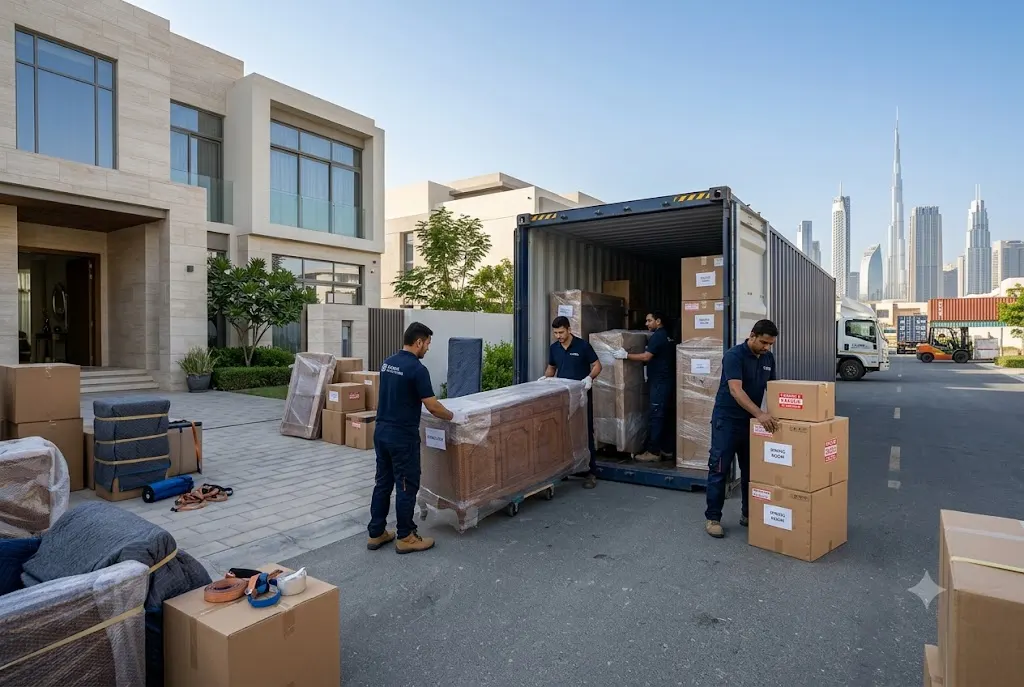 Professional international movers in Dubai preparing household goods for overseas relocation