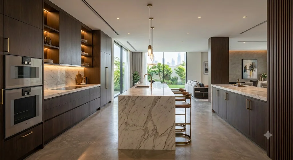 Modern renovated kitchen featuring luxury cabinetry and contemporary design in Dubai