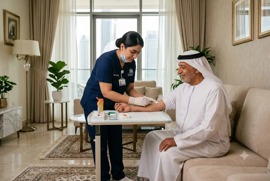 Healthcare professional performing a home laboratory sample collection in the UAE