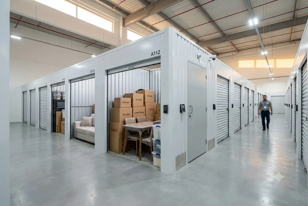 Modern self storage facility in Dubai with secure storage units and household belongings