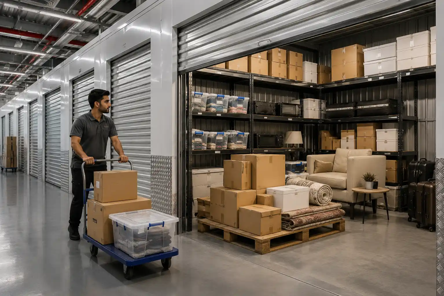 Modern climate-controlled self storage facility with organized storage units in Dubai