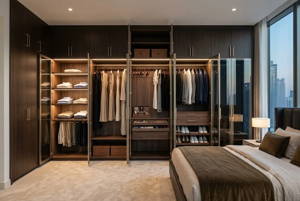 Modern custom wardrobe cabinet installed in a luxury UAE bedroom