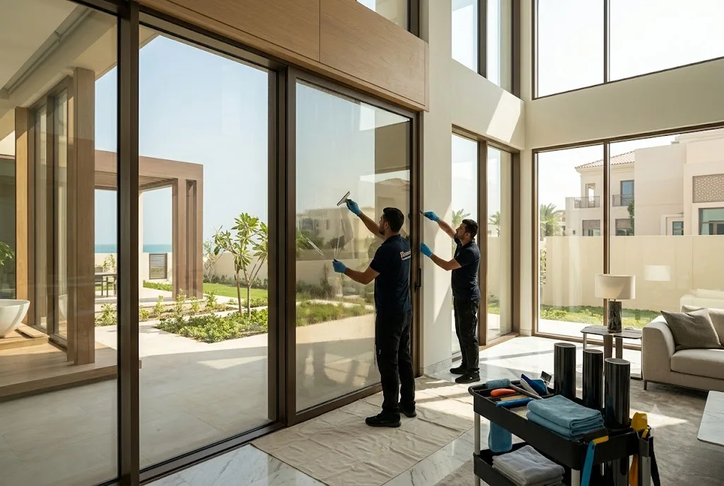 Professionally installed window tint film on residential property windows in the UAE