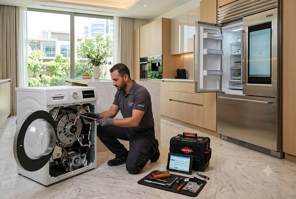 Professional appliance repair services technician repairing household appliances