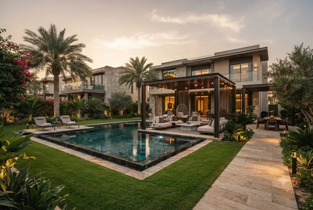 Modern backyard Dubai renovation featuring landscaped garden, pergola, outdoor seating, and swimming pool.