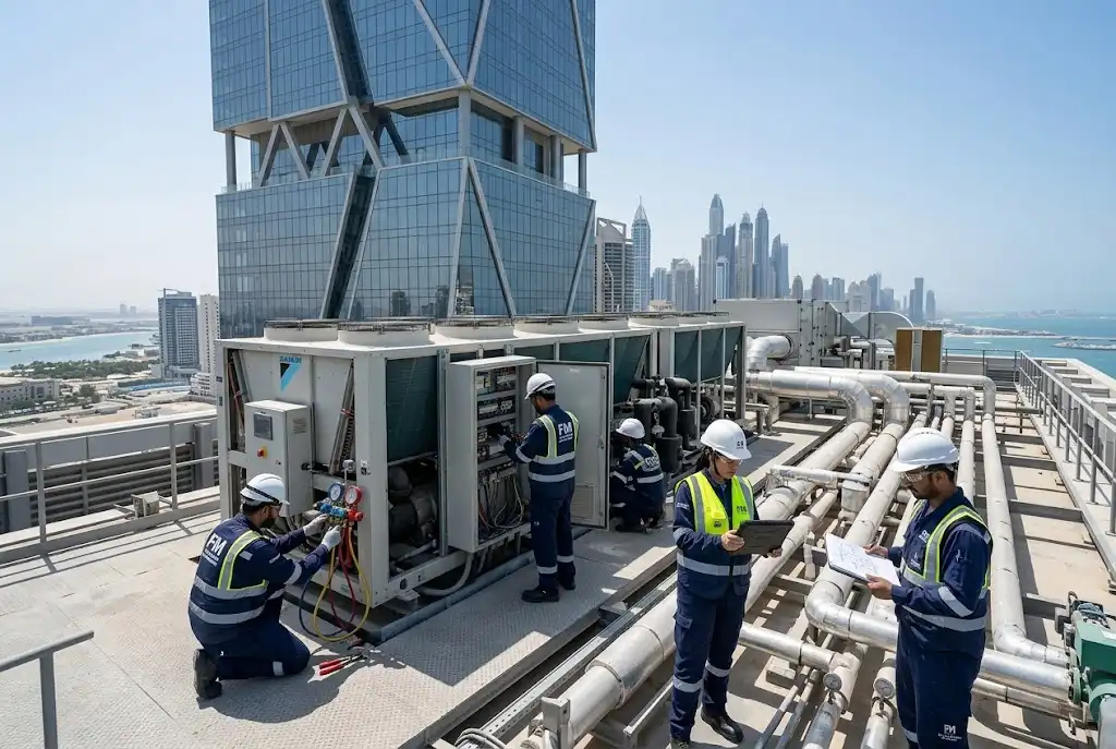 Professional building maintenance services team inspecting a UAE property