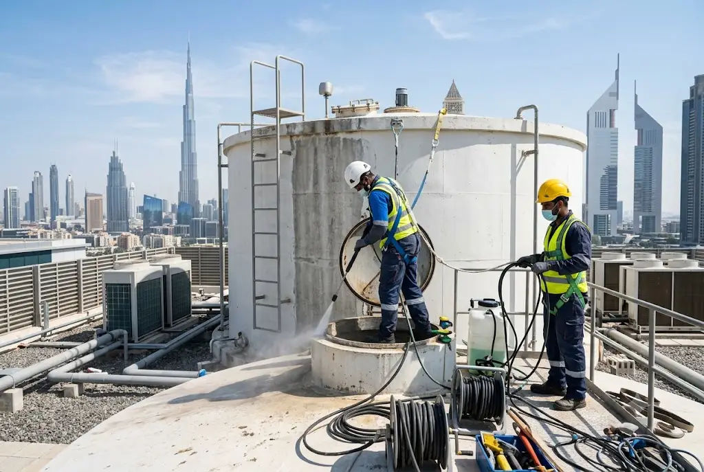 Professional commercial water tank cleaning service at a commercial building in the UAE.