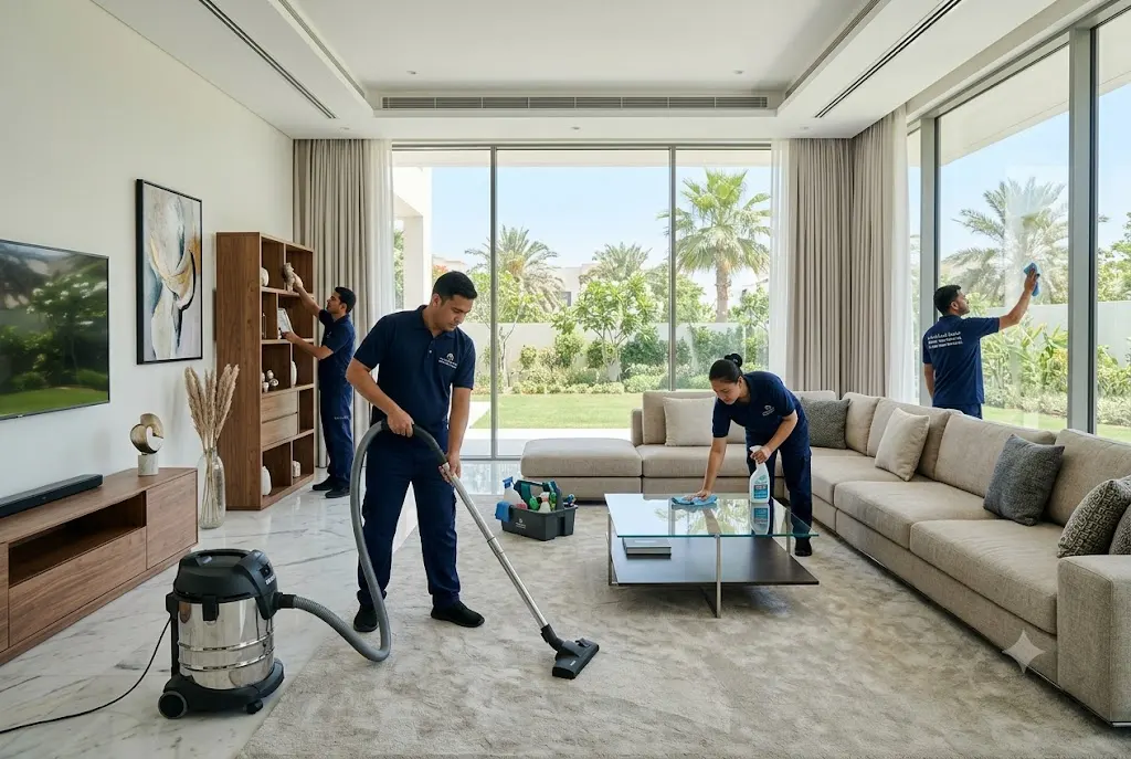 فريق تنظيف منازل محترف يعمل داخل منزل حديث في الإمارات