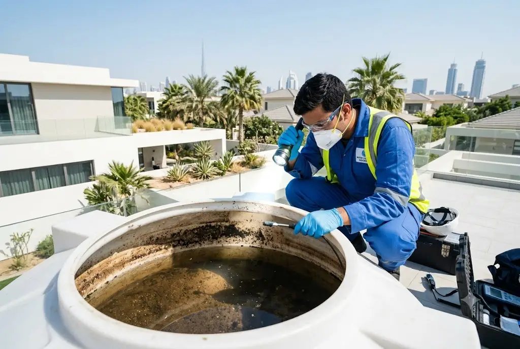 Professional inspection demonstrating dirty water tank health risks in a residential water storage system in the UAE.