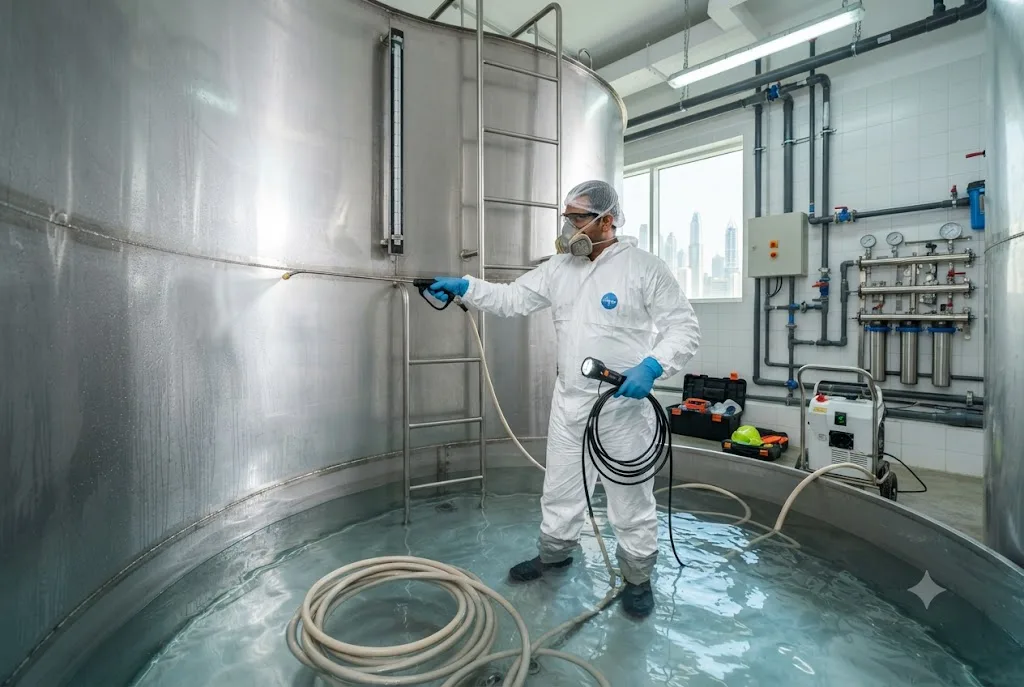 Professional Drinking Water Tank Cleaning service cleaning and disinfecting a potable water storage tank.