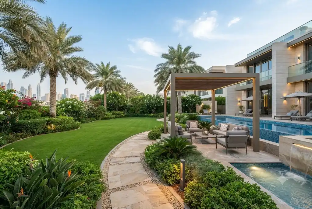 Professional garden landscaping Dubai project featuring modern villa garden, pergola, lawn, and decorative landscape design.