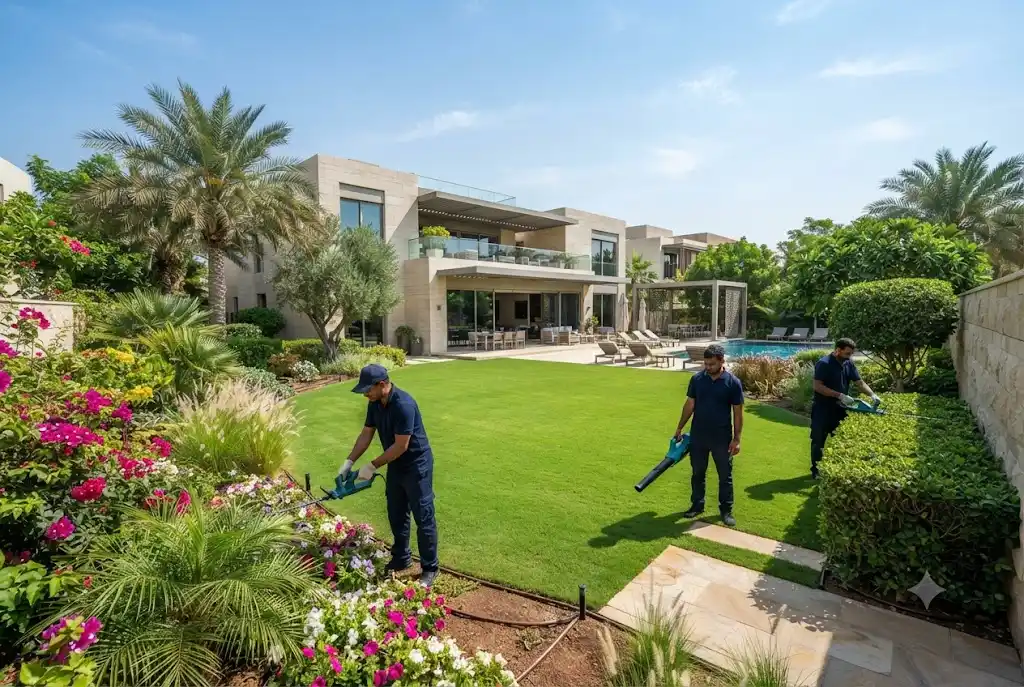 Professional garden maintenance Dubai service maintaining a healthy villa garden with lush lawn and ornamental plants.
