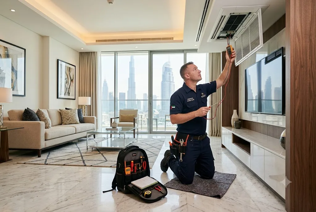 Professional home repair services technician performing residential maintenance work