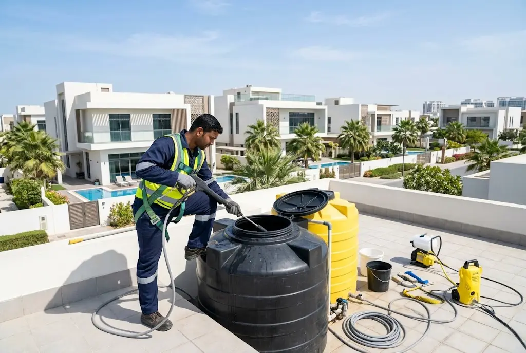 Professional cleaning showing how often should water tanks be cleaned for safe residential water storage in the UAE.