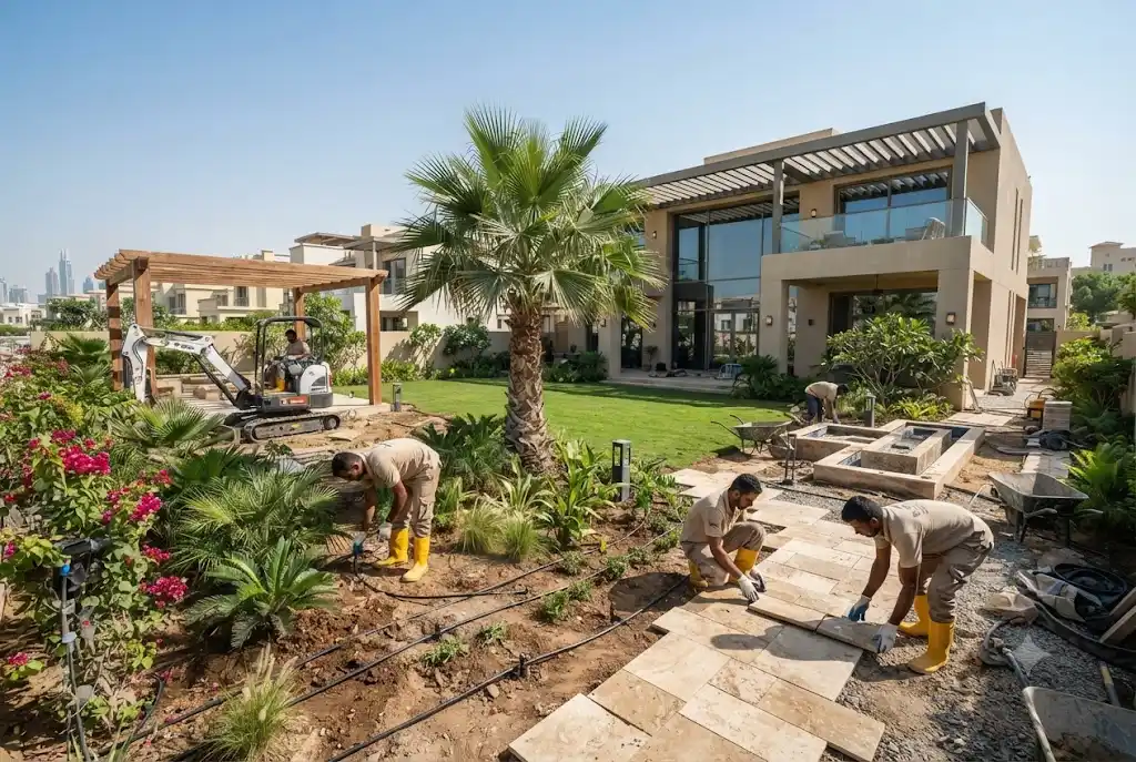 Professional landscaping companies Dubai transforming a luxury villa garden with modern landscaping features.