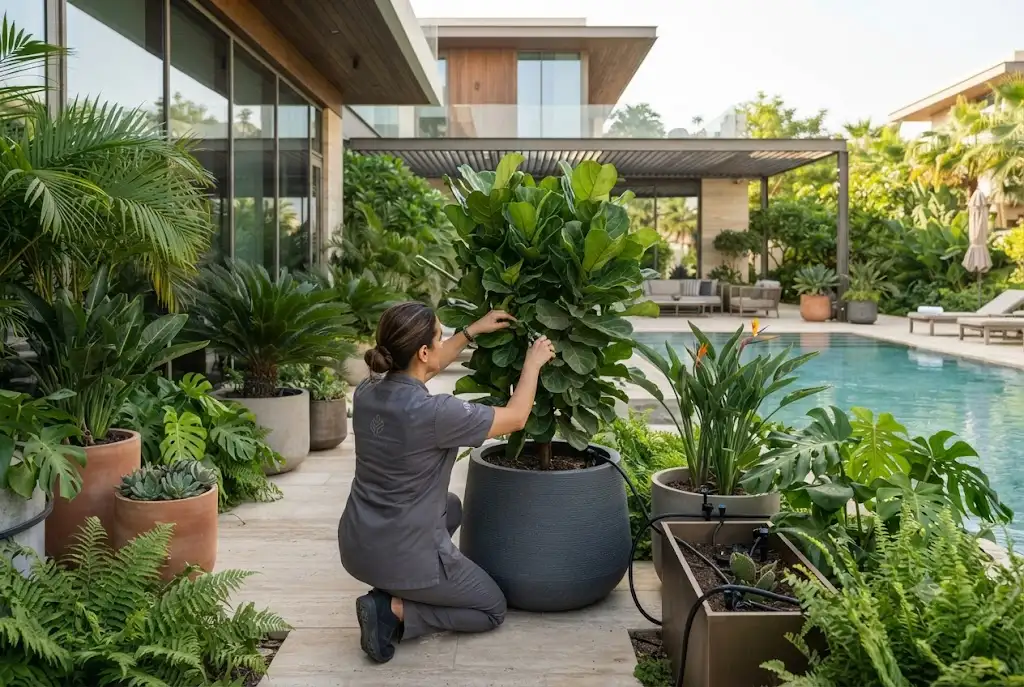 Professional plant maintenance services for healthy indoor and outdoor plants in a Dubai residential landscape.