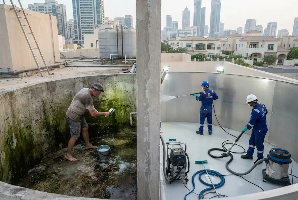 Comparison of professional water tank cleaning and DIY water tank cleaning methods in a residential water storage tank.
