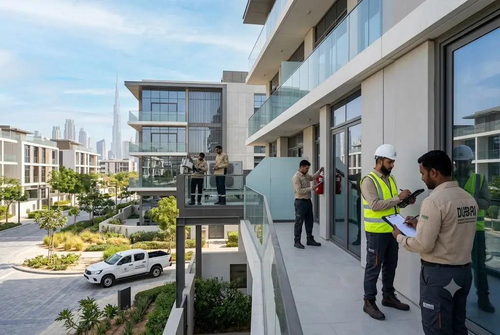 Professional property maintenance services team inspecting a property in Dubai