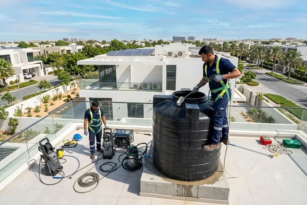 Professional residential water tank cleaning service at a modern villa in the UAE.