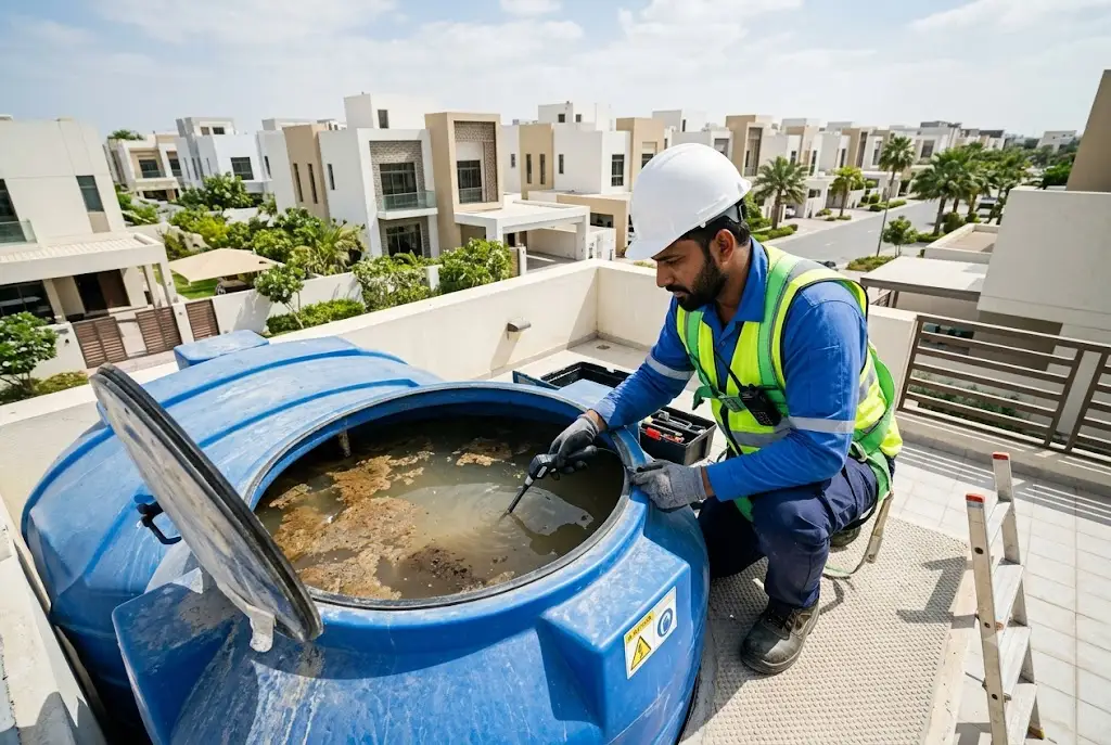 Professional inspection showing signs your water tank needs cleaning in a residential water storage system in the UAE.