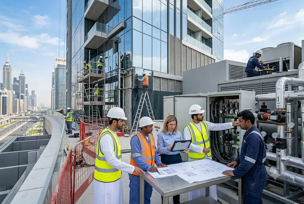 Professional total building contracting & maintenance team working on a UAE property