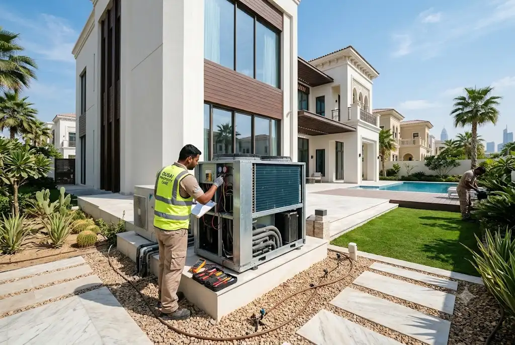 Professional villa maintenance Dubai technicians inspecting a residential property