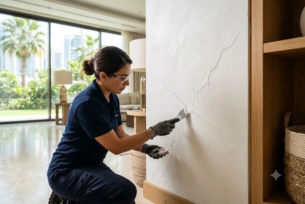 Professional Wall Crack Repair being performed in a Dubai residential property